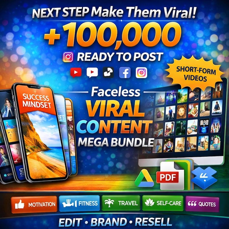 May include: A digital marketing graphic with the text "NEXT STEP Make Them Viral!" and "+100,000 READY TO POST". The image includes smartphones, a computer screen displaying videos, and icons for social media platforms. The words "Faceless VIRAL CONTENT MEGA BUNDLE" are also displayed.