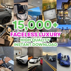 May include: A collage of images featuring luxury cars, a yacht, a laptop displaying charts, and a modern home. The text overlay reads "15,000+ FACELSS LUXURY HIGH QUALITY INSTANT DOWNLOAD."