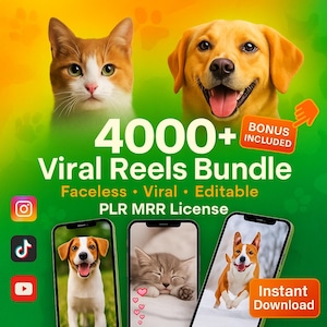 Puede incluir: Imagen promocional con un gato y un perro, que anuncia un "4000+ Viral Reels Bundle." La imagen incluye las palabras "Faceless," "Viral," y "Editable," junto con iconos de redes sociales y la frase "Instant Download."