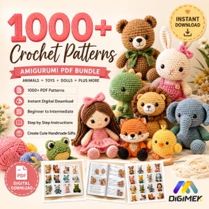 Può includere: Un pacchetto digitale di oltre 1000 schemi all'uncinetto con animali, bambole e giocattoli amigurumi. L'immagine mostra un orso marrone, un coniglio rosa, un dinosauro verde, un leone, una volpe, un pulcino, un elefante e una bambola castana.