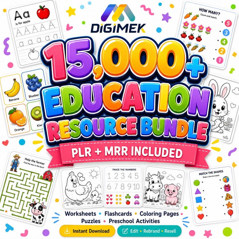 May include: A digital education resource bundle featuring the text 15,000+ EDUCATION RESOURCE BUNDLE PLR + MRR INCLUDED. The graphic displays various educational worksheets, flashcards, coloring pages, and puzzles with colorful illustrations.
