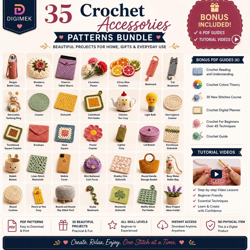 May include: A digital bundle of 35 crochet accessory patterns featuring a grid of various finished items like coasters, baskets, and pouches. The graphic includes text labels for each project, a list of six bonus PDF guides, and a tutorial video preview.