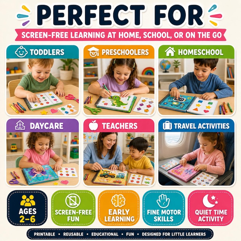 May include: A multi-panel educational activity set for children ages 2-6 featuring spiral-bound books with colorful illustrations of dinosaurs, mermaids, and vehicles. The set includes various stickers and markers for screen-free learning.