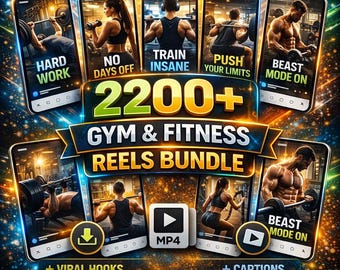 Op de afbeelding: Een promotieafbeelding voor een gym- en fitness reels-bundel. De afbeelding toont verschillende smartphone-mockups met workoutvideo's en tekstoverlays zoals "Hard Work" en "Beast Mode On". De centrale banner luidt "2200+ Gym & Fitness Reels Bundle."