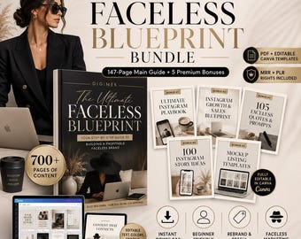 Faceless Digital Marketing Blueprint Bundle, 700+ Page + Editable Canva, MRR PLR Guide, Instagram Growth