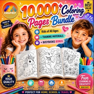 Könnte beinhalten: Ein digitales Produktpaket mit dem Titel 10,000+ Coloring Pages Bundle, das eine farbenfrohe Grafik mit Text, Symbolen und Illustrationen von Einhorn, Dinosaurier und Schmetterling zeigt. Enthält zwei Becher mit Buntstiften und Symbolen.