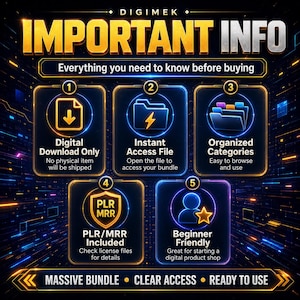 May include: A digital information graphic titled IMPORTANT INFO by DIGIMEK. It features five numbered sections with neon blue and gold outlines on a dark background, detailing digital download, instant access, organized files, PLR/MRR, and beginner friendly features.