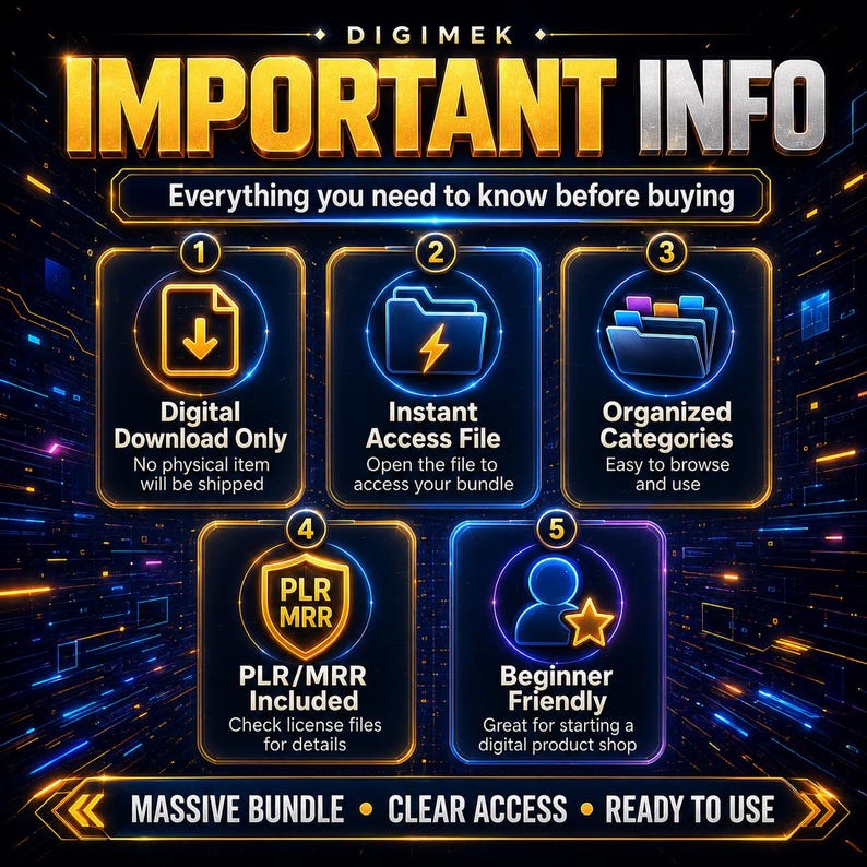May include: A digital information graphic titled IMPORTANT INFO by DIGIMEK. It features five numbered sections with neon blue and gold outlines on a dark background, detailing digital download, instant access, organized files, PLR/MRR, and beginner friendly features.