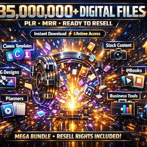 Può includere: Grafica del mega pacchetto di file digitali con il testo "85.000.000+ DIGITAL FILES". Include modelli Canva, design SVG, planner, contenuti stock, eBook e strumenti aziendali. L'immagine ha un design futuristico con frecce e una volta centrale.