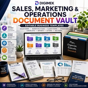 Könnte beinhalten: Eine digitale Sammlung von Geschäftsvorlagen mit dem Titel Sales, Marketing & Operations Document Vault. Zu sehen sind ein Laptop-Bildschirm mit farbigen Ordnersymbolen, ein schwarzer Aktenordner, gedruckte Formulare, ein Notizbuch, ein Stift und eine Brille.
