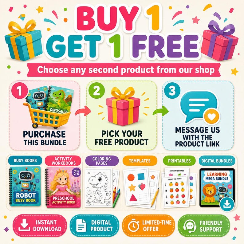 May include: A promotional graphic featuring the text BUY 1 GET 1 FREE, Choose any second product from our shop, and a three-step guide. It displays icons for busy books, activity workbooks, coloring pages, templates, printables, and digital bundles.