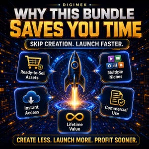 May include: A digital graphic titled WHY THIS BUNDLE SAVES YOU TIME, featuring a central rocket icon and five surrounding boxes with icons and text: Ready-to-Sell Assets, Multiple Niches, Instant Access, Commercial Use, and Lifetime Value.