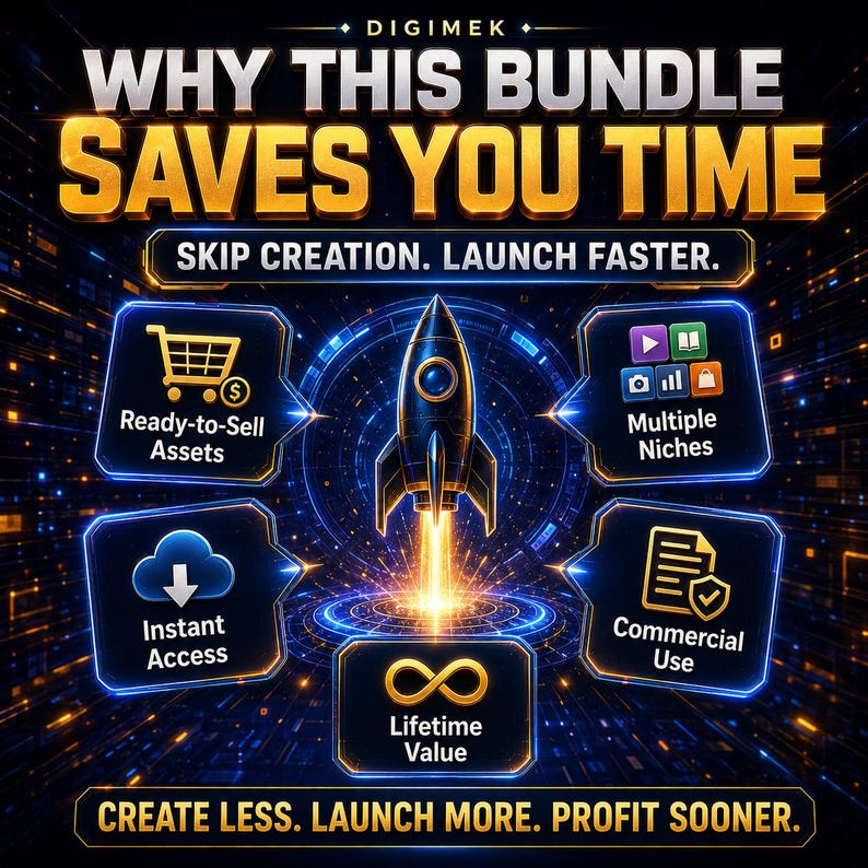 May include: A digital graphic titled WHY THIS BUNDLE SAVES YOU TIME, featuring a central rocket icon and five surrounding boxes with icons and text: Ready-to-Sell Assets, Multiple Niches, Instant Access, Commercial Use, and Lifetime Value.