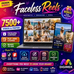 Pode incluir: Um anúncio de pacote de marketing digital intitulado Faceless Reels apresentando um laptop, tablet e smartphone exibindo imagens de estilo de vida. O gráfico inclui texto como 7500+ Videos & Photos, PLR + MRR License e Everything You Need To Grow Your Brand.