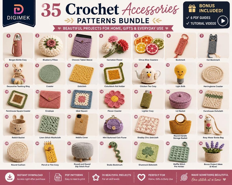 May include: A digital catalog titled 35 Crochet Accessories Patterns Bundle by Digimek, displaying thirty-five numbered images of various crocheted items including coasters, baskets, pouches, bookmarks, and decorative figures with text labels.