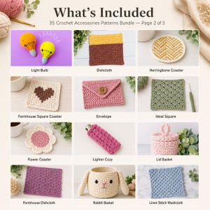 May include: A grid of 12 crochet items labeled as a 35 Crochet Accessories Patterns Bundle. Items include two light bulbs, a two-tone dishcloth, a herringbone coaster, a heart coaster, an envelope, a square, a flower coaster, a lighter cozy, a lidded basket, a purple dishcloth, a rabbit basket, and a blue washcloth.
