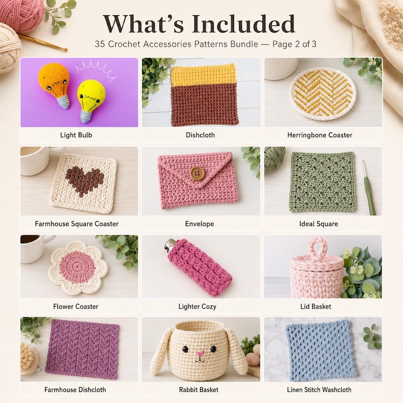 May include: A grid of 12 crochet items labeled as a 35 Crochet Accessories Patterns Bundle. Items include two light bulbs, a two-tone dishcloth, a herringbone coaster, a heart coaster, an envelope, a square, a flower coaster, a lighter cozy, a lidded basket, a purple dishcloth, a rabbit basket, and a blue washcloth.