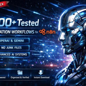 May include: A futuristic image featuring a metallic robot head with glowing blue accents. Text overlay reads "3000+ Tested Automation Workflows for n8n" with features like OpenAI & Gemini, no junk files, and advanced AI systems. The image has a dark, tech-focused theme.