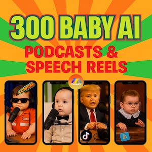Peut inclure: Une image promotionnelle avec le texte "300 BABY AI PODCASTS & SPEECH REELS". L'image présente quatre écrans de smartphone affichant des bébés déguisés en personnalités publiques, chacun avec un microphone. Le fond est un mélange vibrant d'orange, de vert et de jaune.