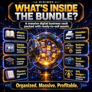 May include: A digital business bundle graphic titled WHAT'S INSIDE THE BUNDLE? featuring a central vault icon surrounded by eight categories: eBooks, editable templates, courses, planners, printables, business tools, stock content, and SVG designs.
