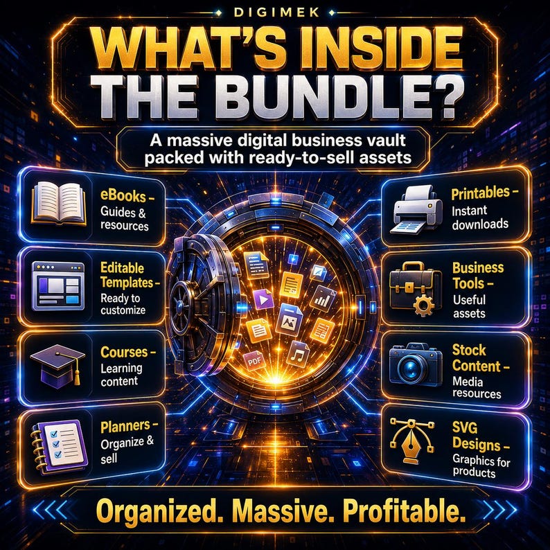 May include: A digital business bundle graphic titled WHAT'S INSIDE THE BUNDLE? featuring a central vault icon surrounded by eight categories: eBooks, editable templates, courses, planners, printables, business tools, stock content, and SVG designs.