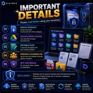 May include: A digital product information graphic titled IMPORTANT DETAILS with a dark blue background. It features a laptop displaying a documents vault, a safe, and five numbered points explaining digital download, Google Drive access, editable files, usage rights, and resale restrictions, plus a disclaimer and support icons.