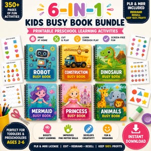 May include: A 6-in-1 kids busy book bundle featuring printable preschool learning activities. The set includes six spiral-bound books titled Robot, Construction, Dinosaur, Mermaid, Princess, and Animals, alongside various activity sheets for toddlers.
