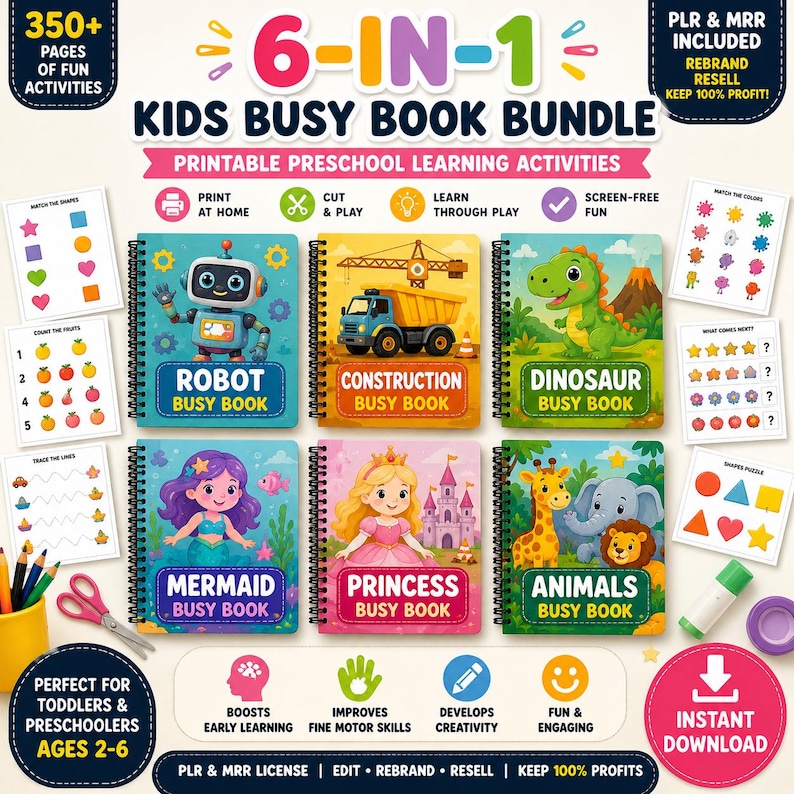 May include: A 6-in-1 kids busy book bundle featuring printable preschool learning activities. The set includes six spiral-bound books titled Robot, Construction, Dinosaur, Mermaid, Princess, and Animals, alongside various activity sheets for toddlers.