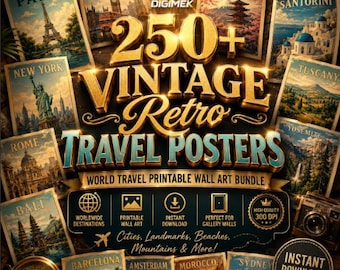 250+ Vintage Retro Travel Posters Bundle | World Cities, Landmarks, Beaches (Digital Download)