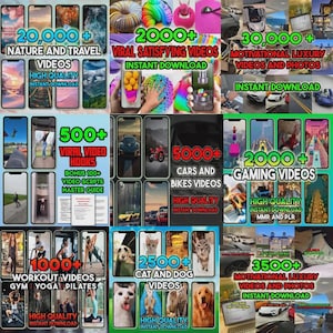 May include: A collage of smartphone screens displaying various video categories. Categories include nature, travel, satisfying videos, luxury, cars, bikes, gaming, workout, yoga, pilates, and cat and dog videos. Each category has a high-quality, instant download option.