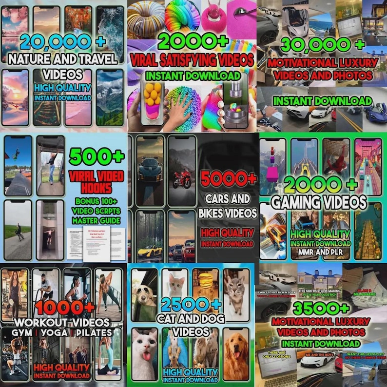 May include: A collage of smartphone screens displaying various video categories. Categories include nature, travel, satisfying videos, luxury, cars, bikes, gaming, workout, yoga, pilates, and cat and dog videos. Each category has a high-quality, instant download option.