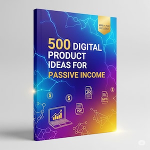 Puede incluir: Portada de libro con un fondo degradado azul y amarillo. El título dice "500 Ideas de productos digitales para ingresos pasivos" en texto blanco y amarillo. También se ven iconos de una computadora portátil, JPG, PDF y archivos MP3.
