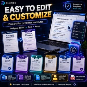 May include: A digital product display featuring a laptop screen showing a website privacy policy template, surrounded by various document icons labeled software agreement, client intake form, project scope, and terms of use with neon blue accents.