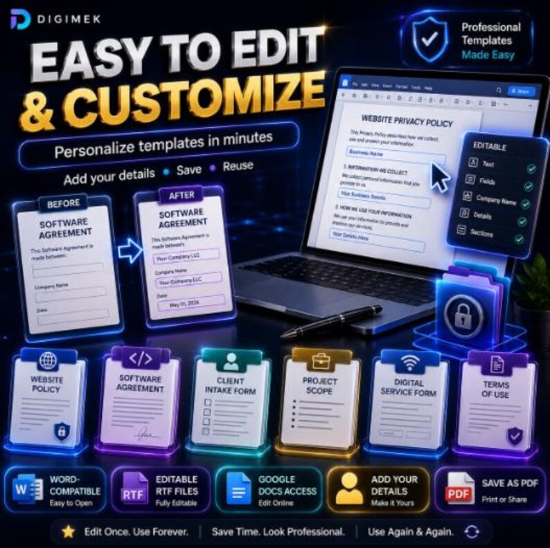 May include: A digital product display featuring a laptop screen showing a website privacy policy template, surrounded by various document icons labeled software agreement, client intake form, project scope, and terms of use with neon blue accents.