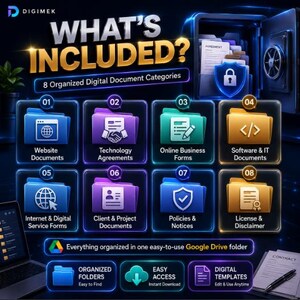 May include: A digital infographic titled WHAT'S INCLUDED? featuring 8 organized digital document categories represented by colorful folders with icons for website, technology, business, software, internet, client, policies, and license documents.