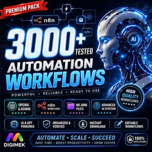 Può includere: Un grafico digitale che mostra il profilo di una testa robotica con accenti blu luminosi. Il testo recita 3000+ TESTED AUTOMATION WORKFLOWS, PREMIUM PACK, e include icone per OpenAI, Gemini, n8n, con etichette come AI & GPT POWERED, INSTANT DOWNLOAD e 100% SAFE & SECURE.