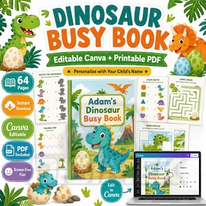 Dinosaurier-Buch für Kleinkinder, bearbeitbares Canva Printable, Vorschulaktivitätsbinder, Quiet Book PDF