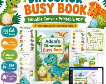 Dinosaur Busy Book for Toddlers, Editable Canva Printable, Preschool Activity Binder, Quiet Book PDF