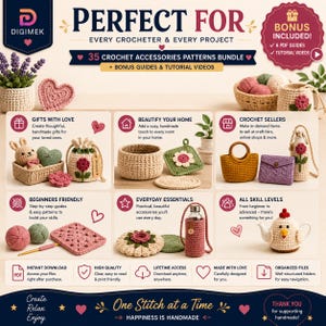 May include: A digital advertisement for a 35 crochet accessories patterns bundle. The image displays various crocheted items including baskets, bags, a water bottle holder, a teapot cozy, and floral motifs, alongside text detailing bonus guides.