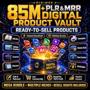 以下が含まれることがあります： 85M+ PLR & MRR DIGITAL PRODUCT VAULTと題されたデジタル製品保管庫のグラフィック。PDF、DOC、PPTなどのカラフルなファイルアイコンを放出する光り輝く宝箱が描かれています。テキストにはReady-to-Sell ProductsやDigital Wealthなどが含まれています。