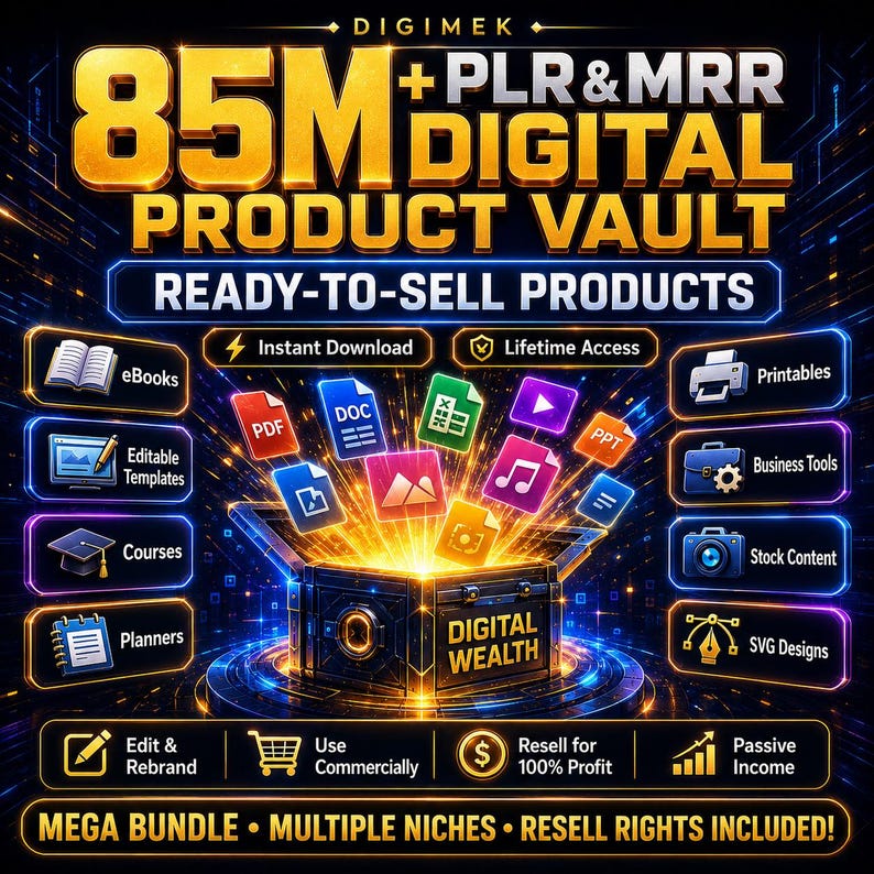 May include: A digital product vault graphic titled 85M+ PLR & MRR DIGITAL PRODUCT VAULT. It features a glowing chest emitting colorful file icons like PDF, DOC, and PPT. Text includes Ready-to-Sell Products, Instant Download, Lifetime Access, and Digital Wealth.