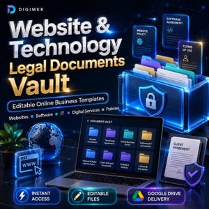 May include: A digital product bundle titled Website & Technology Legal Documents Vault featuring editable business templates. The graphic displays a laptop, a document organizer with labeled folders, a globe, and icons for instant access and Google Drive.