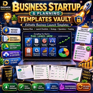 May include: A digital business startup and planning template vault featuring a laptop displaying a business roadmap, launch checklists, and strategy icons. Includes printed documents for business plans, roadmaps, and goal planners with a black mug.
