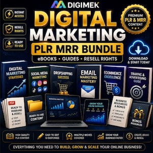May include: A digital marketing bundle featuring multiple ebooks, guides, and resources with resell rights. The display includes a laptop showing analytics, various book covers, and icons for instant access, ready-to-use content, and business growth.