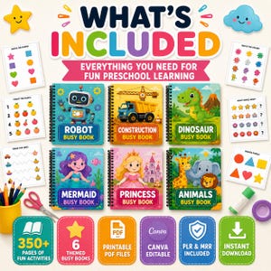 6 in 1 Kids Busy Book Bundle, Printable Preschool Activities, Toddler Learning Binder image 3