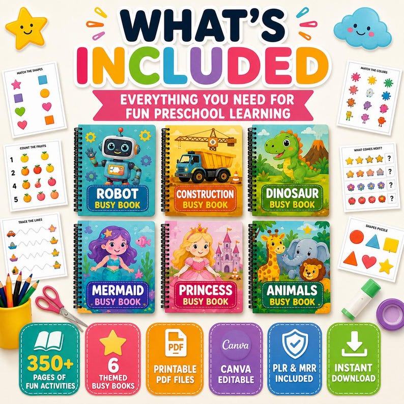 6 in 1 Kids Busy Book Bundle, Printable Preschool Activities, Toddler Learning Binder image 3