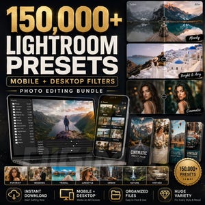 以下が含まれることがあります： モバイルおよびデスクトップ写真編集用の150,000以上のLightroomプリセットのデジタルバンドル。画像には、編集前後の比較、編集ソフトウェアを表示するノートパソコンの画面、スマートフォンのインターフェース、およびさまざまなプリセットパックのカバーが含まれています。