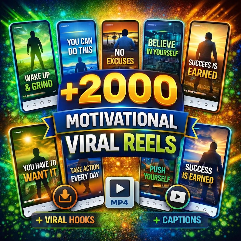 Puede incluir: Una imagen promocional con m&uacute;ltiples tel&eacute;fonos inteligentes que muestran citas y gr&aacute;ficos motivacionales. La imagen destaca "+2000 Reels Virales Motivacionales" con texto adicional como "Wake Up & Grind" y "El &eacute;xito se gana".