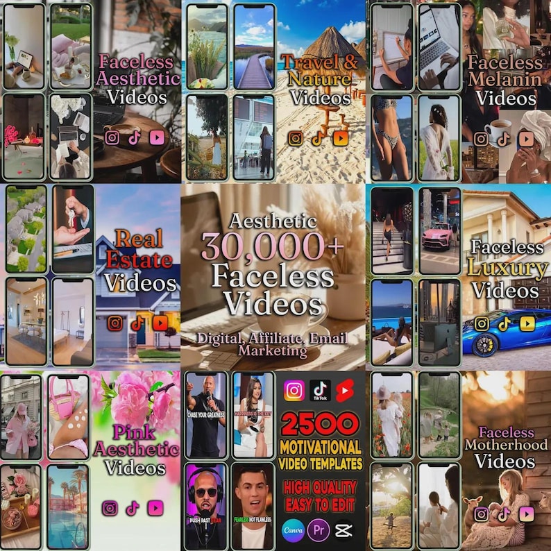 May include: A grid of smartphone screens displaying various aesthetic video themes. Themes include travel, nature, real estate, luxury, and motivational content. Text includes "Faceless Aesthetic Videos" and "2500 Motivational Video Templates."