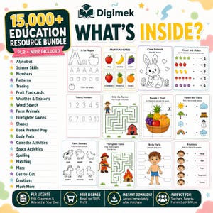 May include: A digital education resource bundle featuring 15,000+ printable worksheets including alphabet tracing, fruit flashcards, mazes, counting exercises, and animal coloring pages. The layout displays various activity sheets with text.